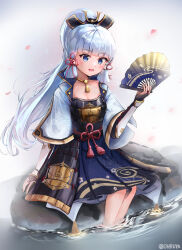 Rule 34 | 1girl, :d, arm guards, armor, ayaka (genshin impact), blunt bangs, breastplate, breasts, bridal gauntlets, choker, cleavage, commentary request, folding fan, genshin impact, grey eyes, grey hair, hair ornament, hair ribbon, hand fan, highres, holding, holding fan, in water, japanese armor, japanese clothes, long hair, looking at viewer, mole, mole under eye, ohbuya, open mouth, ponytail, ribbon, river, rock, short sleeves, sidelocks, sitting, sitting on rock, small breasts, smile, solo, tress ribbon
