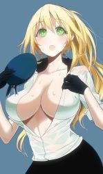 Rule 34 | 10s, 1girl, atago (kancolle), bad id, bad pixiv id, beret, black gloves, blonde hair, breasts, gloves, green eyes, hat, jun (nad-j), kantai collection, large breasts, long hair, open clothes, open shirt, shirt, solo, sweatdrop