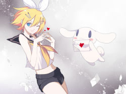 Rule 34 | 1girl, ;), blonde hair, blue eyes, blush, creature, harano, heart, kagamine rin, letter, looking at viewer, navel, one eye closed, own hands together, sailor collar, school uniform, serafuku, short hair, smile, solo, stomach, swimsuit, vocaloid