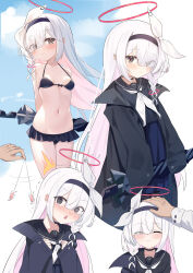 Rule 34 | 1girl, @ @, absurdres, arms behind head, bikini, black bikini, black choker, black coat, black hairband, black sailor collar, black serafuku, blue archive, blush, breasts, choker, chun jiang, closed eyes, closed mouth, coat, colored inner hair, grey eyes, hair over one eye, hairband, halo, highres, hypnosis, long hair, long sleeves, mind control, multicolored hair, multiple views, navel, neckerchief, open clothes, open coat, open mouth, pink hair, plana (blue archive), red halo, sailor collar, school uniform, serafuku, small breasts, smile, swimsuit, white hair, white neckerchief
