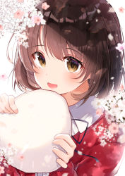Rule 34 | 1girl, :d, beret, blush, brown eyes, brown hair, center frills, cherry blossoms, collared shirt, commentary request, flower, frills, gyozanuko, hair between eyes, hat, highres, holding, holding clothes, holding hat, jacket, katou megumi, open mouth, red jacket, saenai heroine no sodatekata, shirt, smile, solo, unworn hat, unworn headwear, white flower, white hat, white shirt