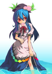 Rule 34 | 1girl, akanagi youto, blue hair, blush, clothes lift, dress, dress lift, female focus, food, fruit, gradient background, hat, hinanawi tenshi, long hair, mouth hold, peach, red eyes, solo, touhou, water