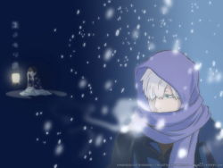 Rule 34 | 1boy, ginko, hair over one eye, male focus, mirrored text, mushishi, reversed, scarf, snow, snowing, solo, wallpaper