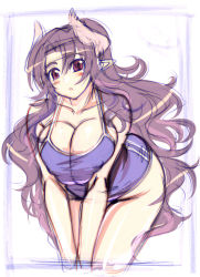 Rule 34 | :o, akatsuki francesca, blush, breasts, cleavage, horns, huge breasts, large breasts, leaning forward, long hair, mel/a, open mouth, original, pointy ears, purple hair, red eyes, swimsuit, very long hair