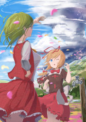 Rule 34 | &gt; &lt;, 2girls, arm up, ascot, black ribbon, blonde hair, blown away, blue sky, bow, bowtie, brown footwear, brown shirt, brown skirt, closed eyes, cloud, collared shirt, commentary request, day, dress, dripping, fairy wings, faucet, forest, frilled skirt, frills, green hair, hair ribbon, hand on own hip, highres, holding on, kazami yuuka, lightning, long sleeves, looking afar, looking up, medicine melancholy, mountain, multiple girls, nature, one eye closed, open mouth, outdoors, petals, plaid, plaid skirt, plaid vest, puffy short sleeves, puffy sleeves, red neckwear, red ribbon, red shirt, red skirt, red vest, ribbon, ribbon-trimmed shirt, ribbon-trimmed skirt, ribbon trim, shirt, short hair, short sleeves, skirt, sky, standing, storm, su-san, takeyoshi (albizia), thighs, tornado, touhou, tree, vest, water, white shirt, wind, wings, yellow neckwear