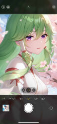 Rule 34 | 1girl, :d, absurdres, artist name, barbara (genshin impact), breasts, cherry blossoms, commentary request, genshin impact, green hair, hair between eyes, hair tubes, highres, japanese clothes, kimono, kuki shinobu, large breasts, lightria, looking at viewer, miko, official alternate costume, open mouth, parted lips, purple eyes, sidelocks, signature, smile, solo, upper body, white kimono