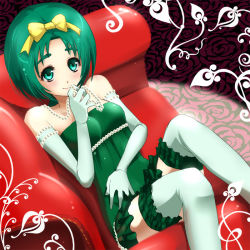 Rule 34 | 00s, 1girl, akimoto komachi, alternate costume, bad id, bad pixiv id, blush, bow, couch, dress, female focus, flower, galibo, gem, gloves, green dress, green eyes, green hair, green thighhighs, hair ribbon, jewelry, necklace, pearl (gemstone), pearl necklace, precure, red flower, red rose, red upholstery, ribbon, rose, short hair, smile, strapless, strapless dress, thighhighs, white thighhighs, yes! precure 5