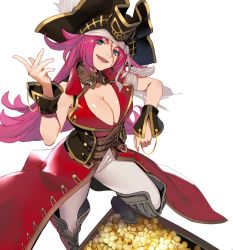 Rule 34 | 1girl, ahoge, blue eyes, boots, breasts, cleavage, cuffs, fate/grand order, fate (series), francis drake (fate), gold, hat, large breasts, long hair, open mouth, pink hair, pirate, pirate hat, scar, shirabi, smile, solo, tricorne