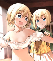 Rule 34 | 2girls, bare shoulders, blue eyes, erica hartmann, glasses, military, military uniform, multiple girls, navel, open mouth, short hair, siblings, sisters, smile, strike witches, tsuchii (ramakifrau), uniform, upper body, ursula hartmann, world witches series