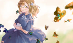 Rule 34 | 1girl, artist name, artist request, blue butterfly, blue dress, blue skirt, blush, book, bookmark, bow, breasts, brown hair, bug, butterfly, collared dress, dress, female focus, glasses, hair bow, hair ribbon, highres, holding, holding book, insect, kunikida hanamaru, light brown hair, long hair, looking at viewer, love live!, love live! school idol festival, love live! sunshine!!, medium breasts, picdung, ribbon, skirt, smile, solo, striped, striped bow, white bow, yellow eyes
