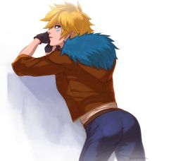 Rule 34 | 1boy, artist name, ass, black gloves, blonde hair, blue pants, brown jacket, contrapposto, cowboy shot, ezreal, fingerless gloves, from behind, from side, fur trim, gloves, highres, hlepopechka (oggihelga), jacket, league of legends, leaning forward, looking back, male focus, pants, solo, white background