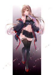 Rule 34 | 1girl, alternate costume, bare shoulders, belt, black choker, black jacket, black shirt, black skirt, black thighhighs, breasts, brown eyes, brown hair, choker, crop top, full body, goddess of victory: nikke, highleg, highres, jacket, large breasts, long hair, looking at viewer, midriff, miniskirt, navel, nii (user kftj5453), off shoulder, open clothes, open jacket, panty straps, parted lips, pleated skirt, puffy sleeves, rapi (nikke), red footwear, shirt, shoes, side slit, sideboob, skirt, sleeveless, sleeveless shirt, solo, stomach, thighhighs, thighs, thong, very long hair, zettai ryouiki