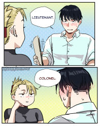 Rule 34 | 1boy, 1girl, 2koma, absurdres, black hair, black shirt, blonde hair, breasts, comic, english text, fullmetal alchemist, highres, large breasts, looking at another, open mouth, paper, riza hawkeye, roy mustang, shirt, snegovski, t-shirt, white shirt