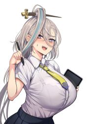 Rule 34 | 1girl, black skirt, blush, bralines, breasts, collared shirt, fate/grand order, fate (series), green hair, grey eyes, grey hair, hair between eyes, hair ornament, hairpin, highres, huyan zhuo (fate), large breasts, looking at viewer, medium hair, multicolored hair, necktie, open mouth, sekai saisoku no panda, shirt, short sleeves, skirt, smile, solo, streaked hair, stylus, tablet pc, white shirt