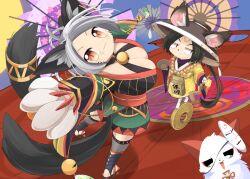 Rule 34 | 1boy, 1girl, :3, ahoge, animal ears, bell, black hair, black kimono, bowl, breasts, cat ears, cat girl, cat tail, cleavage, closed mouth, coin, commentary request, ears through headwear, facial mark, fox, full body, geta, grey hair, hat, holding, holding bowl, holding staff, holed coin, japanese clothes, jingasa, jingle bell, kimono, kohaku (onmyoji), kyuumei neko (onmyoji), large breasts, lets0020, looking at viewer, looking to the side, mask, mask on head, mouse boy, mouse ears, multiple tails, oil-paper umbrella, onmyoji, open mouth, red eyes, short hair, slit pupils, smile, staff, tail, tengu-geta, tesso (onmyoji), two tails, umbrella, whisker markings, wide sleeves, yellow eyes, yellow kimono