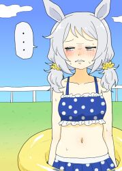 Rule 34 | ..., 1girl, alternate costume, animal ears, ashitaba tomorou, blush, breasts, brown eyes, collarbone, commentary request, embarrassed, fence, grass, grey hair, hishi miracle (umamusume), horse ears, horse girl, horse tail, innertube, medium breasts, navel, scrunchie, short twintails, sky, solo, sweat, swim ring, swimsuit, tail, twintails, umamusume