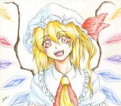 1girl absurdres akuron ascot blonde_hair collared_shirt colored_pencil_(medium) crystal fangs flandre_scarlet frilled_shirt_collar frilled_sleeves frills glowing glowing_wings hat highres looking_at_viewer medium_hair mob_cap multicolored_wings one_side_up open_mouth pointy_ears puffy_short_sleeves puffy_sleeves red_eyes red_vest shirt short_sleeves simple_background solo teeth touhou traditional_media upper_body vest white_background white_hat white_shirt wings yellow_ascot