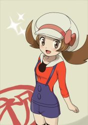 Rule 34 | 00s, 1girl, bad id, bad pixiv id, bow, brown eyes, brown hair, cabbie hat, creatures (company), game freak, hat, hat ribbon, hood, hoodie, luv, lyra (pokemon), nintendo, overalls, pokemon, pokemon hgss, red ribbon, ribbon, short twintails, smile, solo, sparkle, thighhighs, twintails