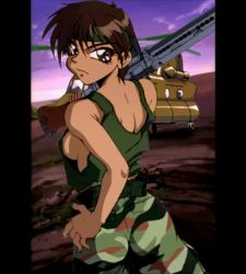 Rule 34 | 1girl, aircraft, brown eyes, brown hair, camouflage, camouflage pants, dark-skinned female, dark skin, gun, helicopter, jan jan paradise 2, military, military uniform, pants, short hair, solo, stitched, tagme, third-party edit, uniform, weapon