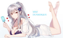Rule 34 | 1girl, ass, azur lane, barefoot, bikini, blush, breasts, character name, choker, cleavage, collarbone, dunkerque (azur lane), dunkerque (summer sucre) (azur lane), eternity (pixiv8012826), eyes visible through hair, feet, feet up, flower, food, full body, grey hair, hair flower, hair ornament, hairband, highres, holding, holding food, large breasts, long hair, looking at viewer, lying, on stomach, pink eyes, ponytail, popsicle, purple bikini, sidelocks, simple background, solo, sweat, swimsuit, the pose, thighs, white background
