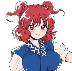 Rule 34 | blue shirt, breasts, closed mouth, discowars, hair bobbles, hair ornament, large breasts, looking at viewer, medium hair, onozuka komachi, red eyes, red hair, shirt, short sleeves, simple background, smile, solo, touhou, two side up, upper body, white background, white shirt