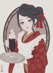 Rule 34 | 1girl, apron, black hair, border, bow, braid, brown background, brown eyes, cherry, commentary request, cup, drink, drinking glass, eyelashes, food, frilled apron, frills, fruit, hair bun, hair ribbon, hand up, highres, holding, holding cup, holding drink, holding tray, ice cream, ice cream float, japanese clothes, kikumon, kimono, lace-trimmed apron, lace trim, light smile, long sleeves, looking at viewer, maid, maid apron, original, outside border, parted lips, print kimono, red kimono, red ribbon, ribbon, seal impression, short hair, signature, single hair bun, solo, standing, tray, upper body, ushiyama ame, wa maid, white apron, white background, wide sleeves