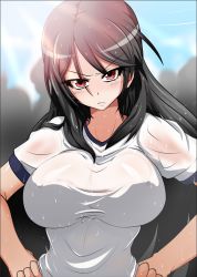 Rule 34 | 1girl, bad id, bad pixiv id, black hair, blush, breasts, female focus, frown, fukiyose seiri, hands on own hips, highres, large breasts, long hair, nipples, no bra, open mouth, outdoors, red eyes, see-through, sky, solo, toaru majutsu no index, tony man+, translation request, wet