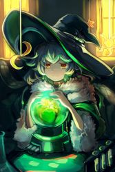 Rule 34 | 1girl, ahoge, btraphen, crystal ball, fur trim, glowing, green hair, hat, mobile, moon, original, signature, smile, solo, star (symbol), sun, test tube, test tube rack, vial, witch, witch hat, yellow eyes