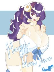 Rule 34 | 10s, 1girl, 2014, ;), bare shoulders, breasts, cleavage, detached collar, goat girl, goat horns, happy new year, horns, huge breasts, leotard, lilirulu, long hair, monster girl, new year, one eye closed, original, purple hair, red eyes, smile, solo, thighhighs, white thighhighs