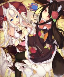 Rule 34 | 2girls, absurdres, animal ears, bad id, bad pixiv id, blonde hair, blue eyes, brown hair, fang, flower, hair flower, hair ornament, holding hands, highres, japanese clothes, kimono, long hair, lying, multiple girls, on back, original, pillow, red eyes, shirohina, straddling, tail, thighhighs, twintails, very long hair, zettai ryouiki