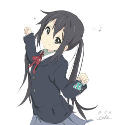 Rule 34 | 1girl, black hair, blouse, brown eyes, collared shirt, core (mayomayo), k-on!, long hair, nakano azusa, school uniform, shirt, simple background, solo, split mouth, twintails, white background, white shirt