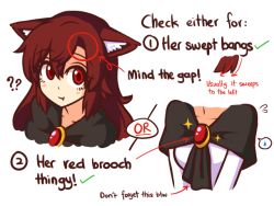 Rule 34 | 1girl, :t, ?, ??, animal ear fluff, animal ears, arrow (symbol), brooch, ears down, english text, hair between eyes, how to, imaizumi kagerou, jewelry, long hair, long sleeves, looking at viewer, multiple views, red eyes, red hair, simple background, sparkle, swept bangs, touhou, white background, wolf ears, wool (miwol)