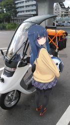 Rule 34 | 1girl, absurdres, black pantyhose, blue hair, blush, brown footwear, building, car, closed mouth, from behind, hair down, helmet, highres, holding, holding helmet, loafers, long hair, looking to the side, motor vehicle, original, outdoors, pantyhose, photo background, plaid, plaid skirt, purple eyes, retsumaru, school uniform, scooter, serafuku, shima rin, shoes, skirt, smile, solo