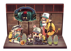 Rule 34 | 1boy, 2girls, baseball cap, black overalls, blonde hair, boots, brown eyes, building, clenched hand, closed eyes, closed mouth, collared jacket, fang, grey footwear, griller (splatoon), hand on own chin, hat, high collar, imagining, inkling, inkling boy, inkling girl, inkling player character, innertube, jacket, kneeling, light frown, long hair, long sleeves, multiple girls, nintendo, octoling, octoling girl, octoling player character, orange overalls, overalls, pants, pointy ears, potsupo, purple eyes, salmon run (splatoon), salmonid, shirt, sitting, sleeves past elbows, smallfry (splatoon), smile, sparkle, splashing, splatoon (series), splatoon 3, stretching, swim ring, tentacle hair, v-shaped eyebrows, watermark, white background, white footwear, white headwear, white jacket, white pants, white shirt