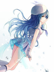 Rule 34 | 10s, 1girl, beret, black hair, feather beret, fingerless gloves, frills, gloves, hat, hat feather, long hair, love live!, love live! school idol project, rio.lw, simple background, solo, sonoda umi, water, water drop, white background, wonderful rush, yellow eyes