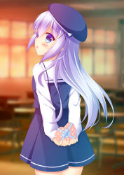 Rule 34 | 1girl, arms behind back, beret, blue dress, blue eyes, blue hair, blue hat, blurry, blurry background, blush, box, chestnut mouth, classroom, commentary request, depth of field, desk, dress, fingernails, gift, gift box, gochuumon wa usagi desu ka?, hair ornament, hat, heart, heart-shaped pupils, highres, holding, holding gift, indoors, kafuu chino, kafuu chino&#039;s school uniform, long hair, long sleeves, looking at viewer, looking back, parted lips, polka dot, profile, sailor collar, sailor dress, school desk, school uniform, shirt, sleeveless, sleeveless dress, sleeves past wrists, solo, sunset, symbol-shaped pupils, valentine, very long hair, white sailor collar, white shirt, window, x hair ornament, yukatama
