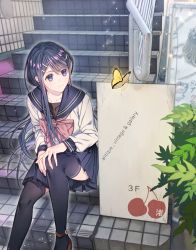 Rule 34 | bench, black sailor collar, black thighhighs, blue eyes, bow, brown footwear, bug, butterfly, cherry print, closed mouth, collarbone, commentary request, danganronpa: trigger happy havoc, danganronpa (series), food print, hair ornament, hairclip, hand on own knee, highres, insect, knee up, looking at animal, maizono sayaka, miniskirt, nagisa no cherii, outdoors, pink bow, pleated skirt, sailor collar, school uniform, serafuku, shirt, shoes, sign, sitting, sitting on stairs, skirt, solo, stairs, thighhighs, tile floor, tiles