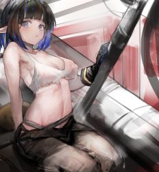 Rule 34 | 1girl, arknights, bare arms, bare shoulders, black gloves, black hair, black pants, blue eyes, breasts, crop top, crop top overhang, eunectes (arknights), eunectes (forgemaster) (arknights), expressionless, gloves, gnai, gradient hair, highres, looking at viewer, medium breasts, midriff, multicolored hair, navel, no bra, official alternate costume, pants, pointy ears, revision, shirt, short hair, sitting, sleeveless, sleeveless shirt, solo, stomach, tail, torn clothes, torn shirt, white shirt