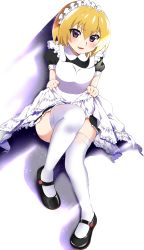 Rule 34 | 1girl, :d, absurdres, alternate costume, apron, apron hold, black dress, black footwear, blonde hair, blush, commentary request, dress, enmaided, fang, frilled apron, frills, full body, hair between eyes, highres, higurashi no naku koro ni, houjou satoko, invisible chair, looking at viewer, maid, maid apron, maid headdress, mary janes, mashimaro tabetai, nail polish, open mouth, pink nails, puffy short sleeves, puffy sleeves, shoes, short hair, short sleeves, sitting, skin fang, smile, solo, thighhighs, white apron, white background, white thighhighs