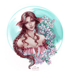 Rule 34 | 1girl, aerith gainsborough, alternate costume, bare shoulders, braid, braided ponytail, breasts, brown hair, cleavage, collarbone, dress, final fantasy, final fantasy vii, final fantasy vii remake, floral background, flower, flower necklace, green eyes, hair ribbon, highres, jewelry, long hair, looking at viewer, materia, medium breasts, necklace, off-shoulder dress, off shoulder, onyrica, parted bangs, pink dress, pink ribbon, portrait, ribbon, sidelocks, signature, smile, solo, upper body, watermark, wavy hair, web address, white background