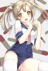 Rule 34 | 10s, 1girl, blush, green eyes, green hair, hair ribbon, kantai collection, looking at viewer, matching hair/eyes, neckerchief, no pants, odero, open mouth, personification, ribbon, school swimsuit, school uniform, serafuku, shirt, short sleeves, solo, swimsuit, swimsuit under clothes, thighhighs, twintails, white thighhighs, zuikaku (kancolle)
