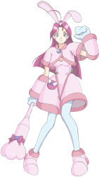 Rule 34 | 1990s (style), 1girl, ahoge, animal ears, corrector yui, dress, gloves, kisaragi haruna, long sleeves, looking at viewer, ni-shika, pantyhose, pink dress, pink hair, rabbit ears, retro artstyle, simple background, solo, standing, wand, white background, white pantyhose