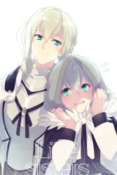 Rule 34 | 1boy, 1girl, ahoge, armor, bedivere (fate), blush, cape, cloak, closed mouth, commentary request, echo (circa), english text, fate/grand order, fate (series), fur-trimmed cloak, fur trim, gray (fate), green eyes, grey hair, hair between eyes, height difference, hood, hood up, hooded cloak, knight, long hair, looking at another, lord el-melloi ii case files, open mouth, ponytail, ribbon, short hair, simple background, smile, teeth, white background, white ribbon
