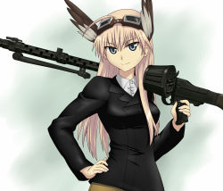 Rule 34 | 1girl, animal ears, blonde hair, blue eyes, drum magazine, goggles, goggles on head, gun, hand on own hip, hanna-justina marseille, head wings, highres, long hair, luftwaffe, machine gun, mackey (mthc riku), magazine (weapon), mg 34, military, military uniform, pink hair, smile, solo, strike witches, uniform, weapon, wehrmacht, wings, witches of africa, world witches series