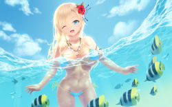 Rule 34 | 10s, 1girl, angelfish, aqua eyes, bikini, blonde hair, blue bikini, blue sky, blush, boku wa tomodachi ga sukunai, breasts, cait aron, cleavage, cloud, collarbone, commentary request, day, fish, flower, hair flower, hair ornament, halterneck, highres, jewelry, kashiwazaki sena, large breasts, long hair, looking at viewer, navel, necklace, ocean, open mouth, outdoors, partially submerged, partially underwater shot, shell, shell necklace, side-tie bikini bottom, sky, smile, solo, string bikini, swimsuit, tropical fish, underboob, underwater, wading, water, wet