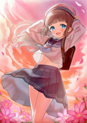 Rule 34 | 1girl, :d, absurdres, arms up, backpack, bag, black sailor collar, black skirt, blue eyes, blue neckwear, brown hair, cloud, commentary request, commission, crop top, field, floating hair, flower, flower field, hands on headwear, highres, long hair, long sleeves, looking at viewer, midriff, navel, open mouth, original, outdoors, petals, pink flower, pink headwear, pixiv commission, pleated skirt, sailor collar, school uniform, segawa luna, serafuku, shirt, skirt, sky, sleeves past wrists, smile, solo, standing, standing on one leg, sunset, very long hair, white shirt