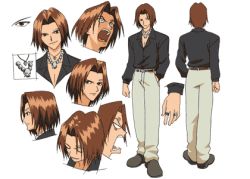 Rule 34 | 00s, 1boy, alternate hairstyle, belt, brown eyes, brown hair, character sheet, hamrio musica, jewelry, lowres, male focus, model sheet, multiple views, necklace, rave, ring, turnaround