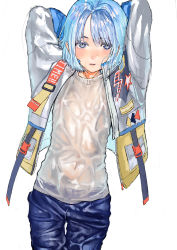 Rule 34 | 1boy, absurdres, arms up, blue eyes, blue pants, blush, covered navel, cowboy shot, ensemble stars!, highres, jacket, korpokkur kne, looking at viewer, pants, see-through, see-through shirt, shino hajime, simple background, solo, white background, white jacket