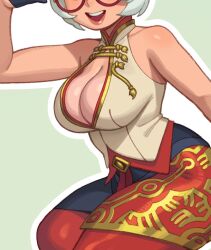 Rule 34 | 1girl, bare shoulders, breasts, cleavage, glasses, large breasts, lips, nintendo, purah, riz, short hair, sitting, smile, solo, teeth, the legend of zelda, the legend of zelda: tears of the kingdom, thighs, tongue, white hair