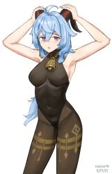 Rule 34 | 1girl, 2021, ahoge, armpits, arms up, bare arms, bare shoulders, bell, black legwear, black leotard, blue hair, blush, bodystocking, breasts, covered navel, cowbell, dated, ganyu (genshin impact), genshin impact, half-closed eyes, hands on own head, highres, horns, leotard, medium breasts, naixorth, open mouth, simple background, skin tight, sleeveless, solo, white background